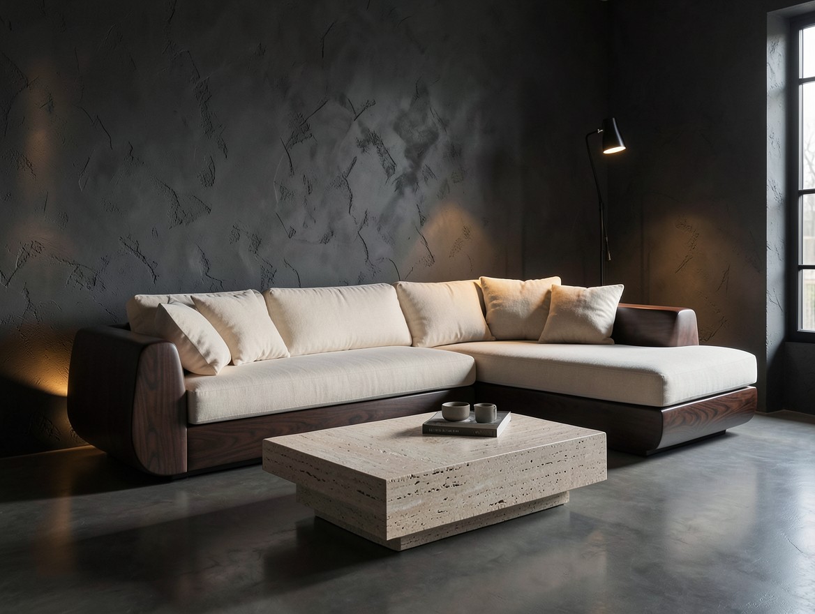 Sofá de madera y mesa de centro en un living contemporáneo